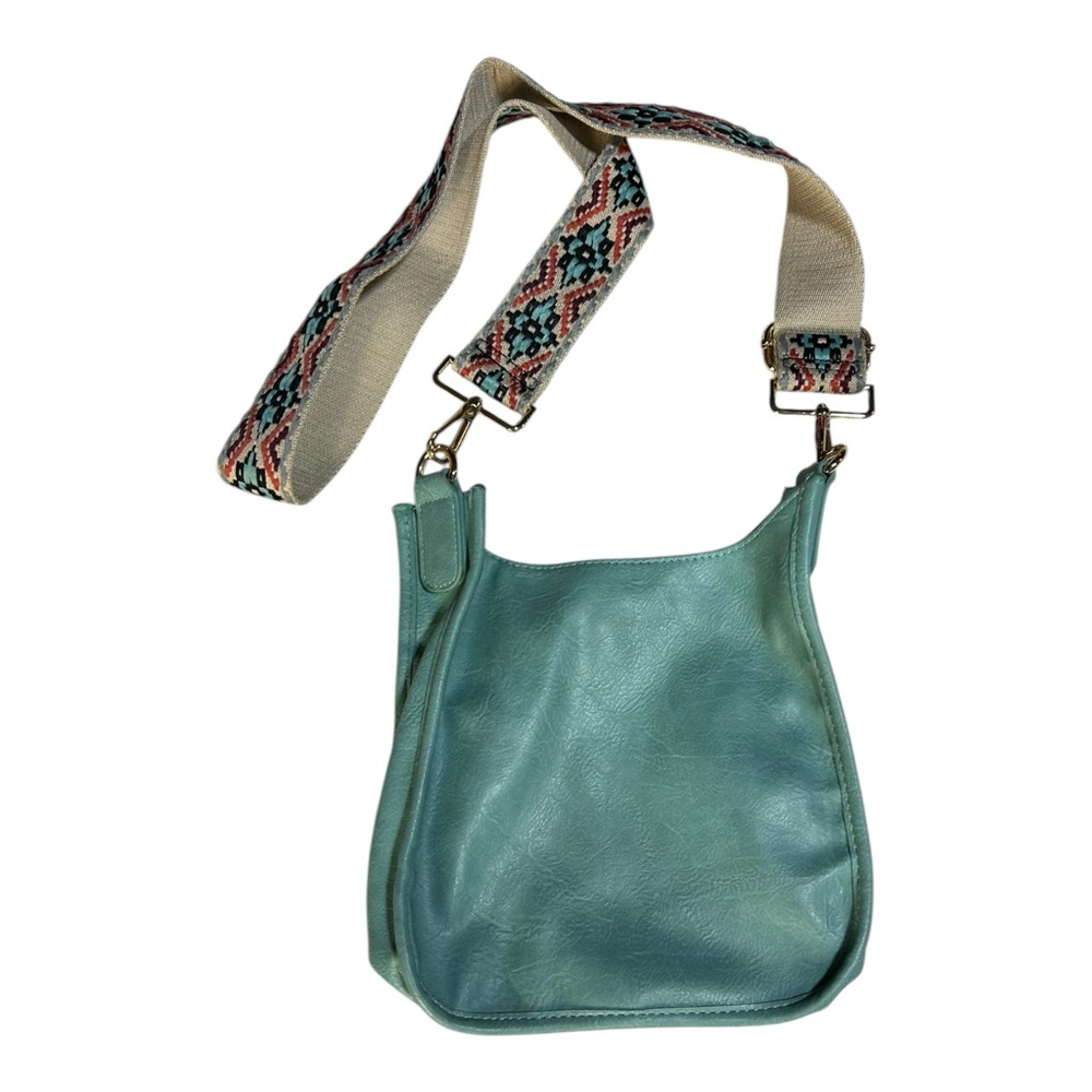 AHDORNED Faux Leather Hobo Crossbody Bag w Floral Embroidered Guitar Strap